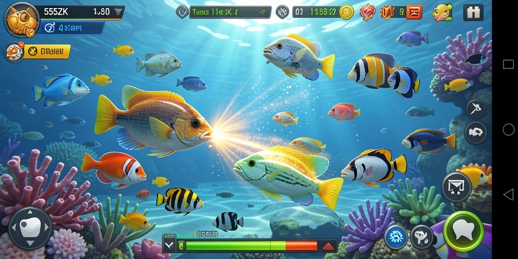 Screenshot gameplay 555ZK menampilkan aksi seru menembak ikan.