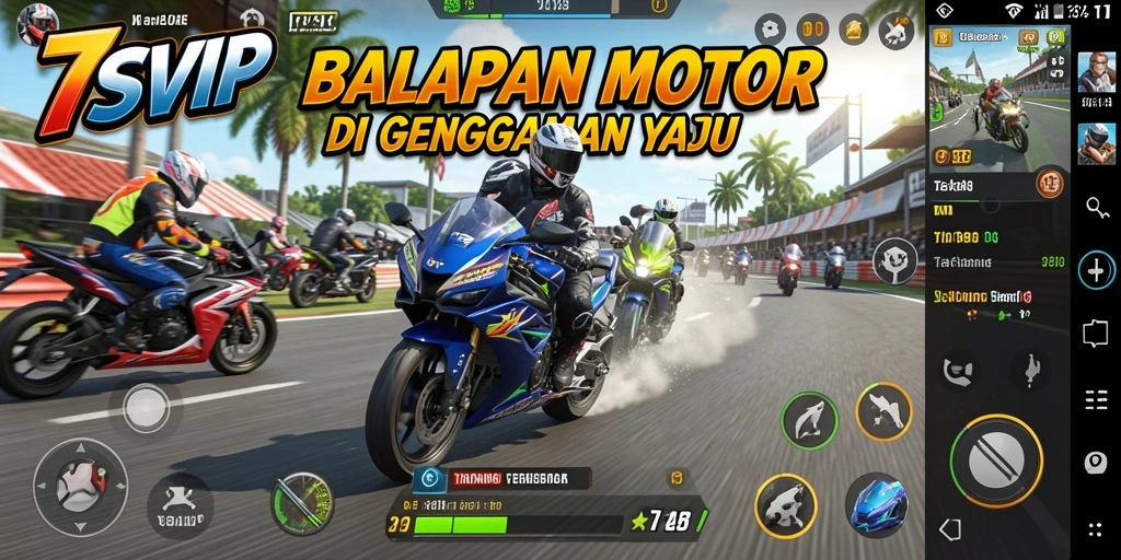 Gameplay 7SVIP yang penuh aksi di trek balapan motor.