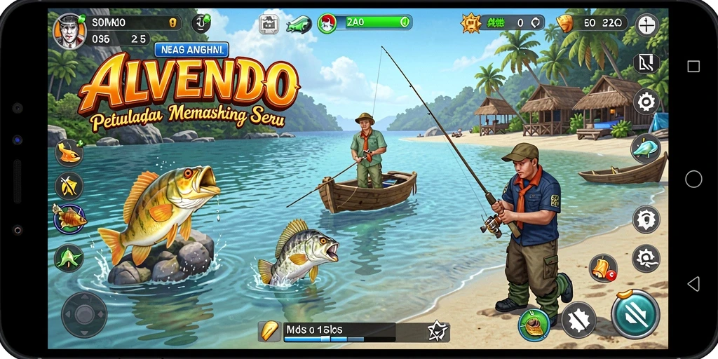 Menampilkan gameplay seru saat memancing di laut.
