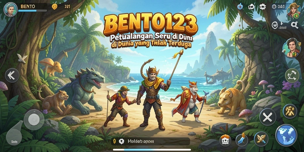 Tampilan gameplay BENTO123 dengan karakter yang berpetualang di dunia penuh warna.