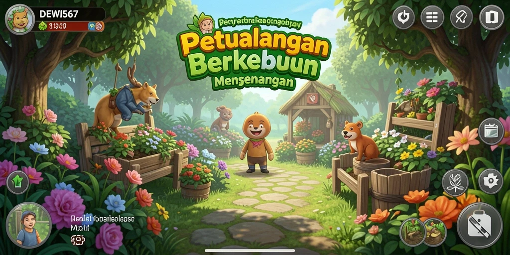 Tangkapan layar gameplay DEWI567 menampilkan kebun yang indah dan aktivitas berkebun.