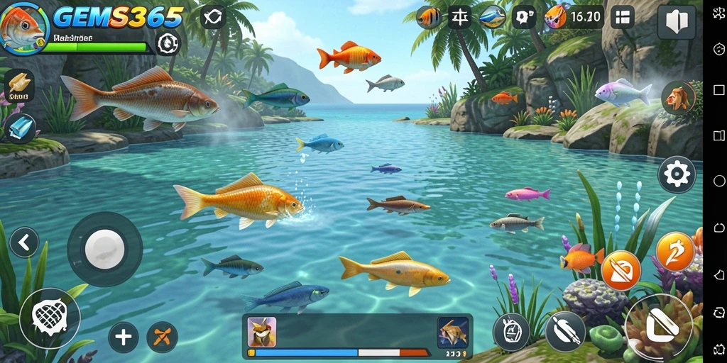 Tampilan gameplay GEMS365 yang mengasyikkan saat memancing ikan.