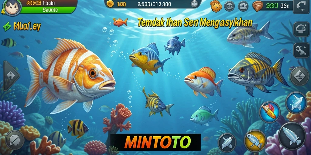 Screenshot gameplay MINTOTO yang menampilkan aksi menangkap ikan.